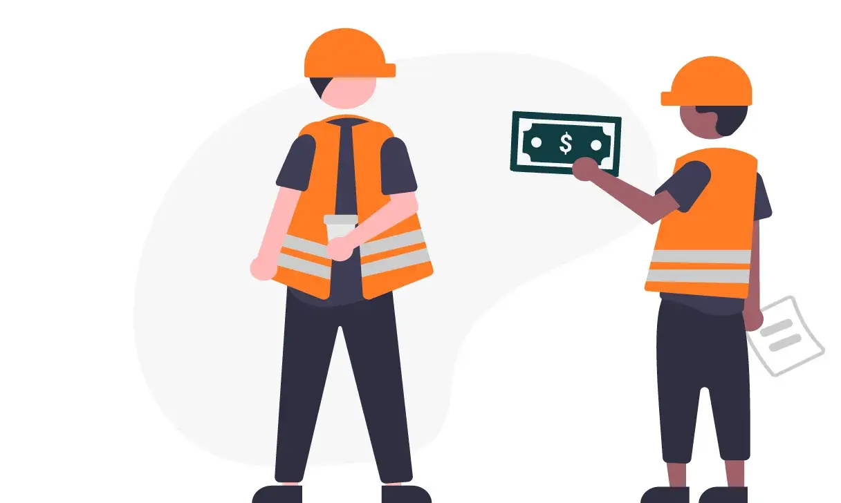 Construction workers with one holding a dollar bill, representing economic impact of labor.