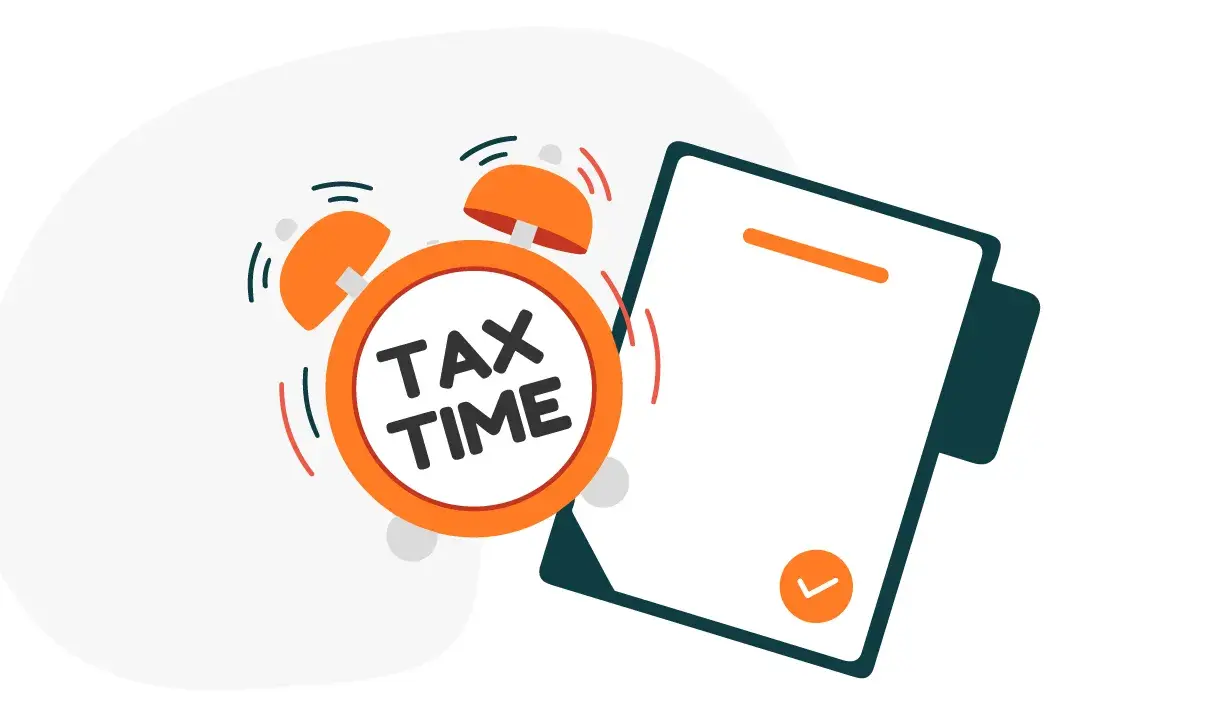 Alarm clock and checklist highlighting 'Tax Time', emphasizing punctuality in tax preparation.