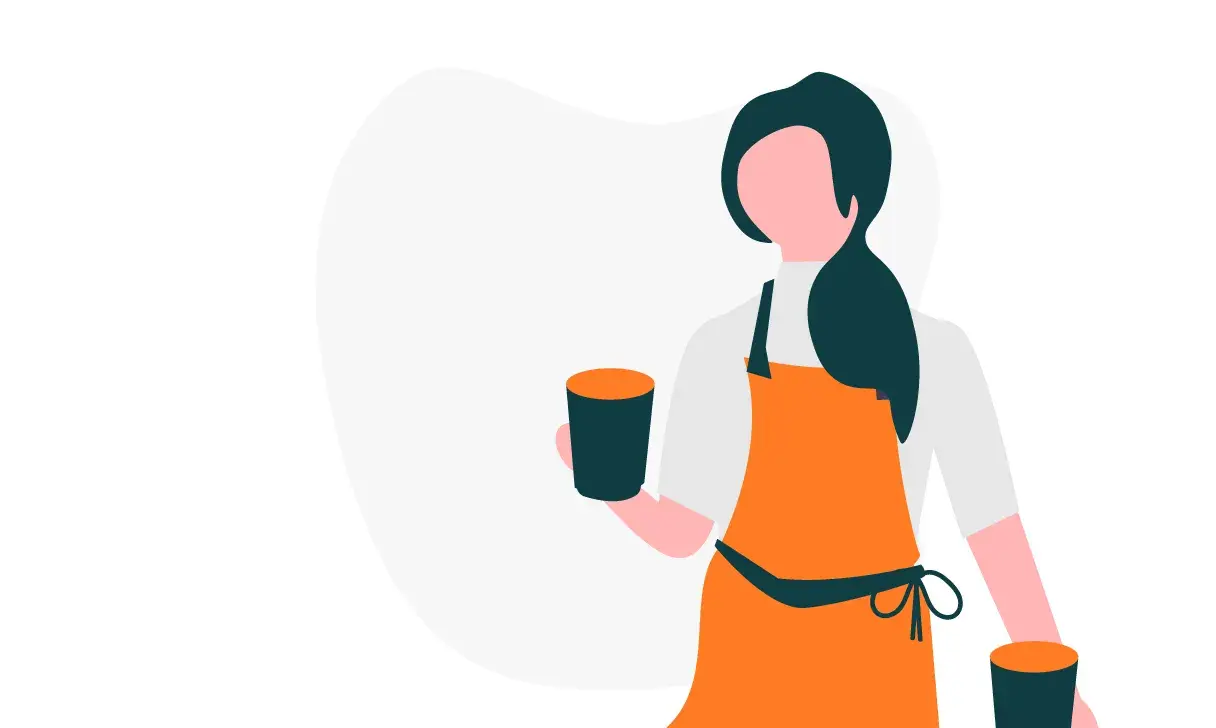 Barista in an apron holding two cups, depicting customer service in the food industry