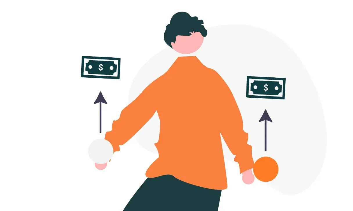 Persona en atuendo casual sosteniendo un peso y una bombilla, con iconos de dólar flotando, representando la gestión del balance entre ahorro e inversión.