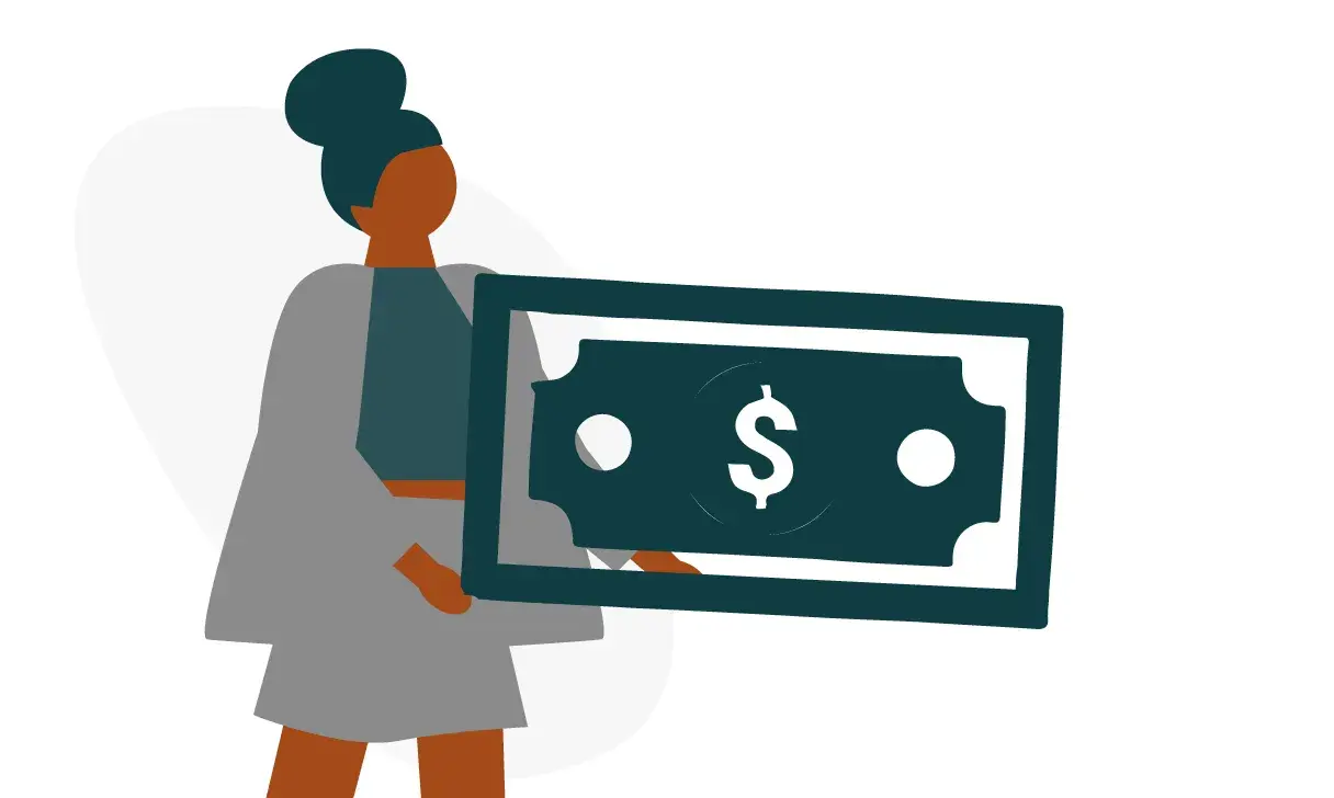 Person carrying a large dollar bill, illustrating financial management or investment concept.