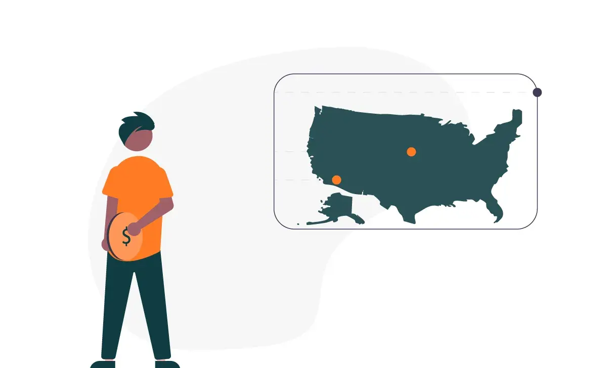 Hombre con moneda en mano frente a mapa de EE. UU. indicando puntos económicos relevantes.