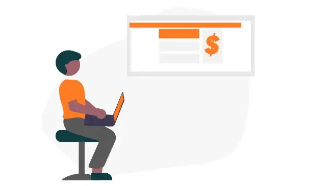 Mujer utilizando un ordenador portátil con una página web financiera proyectada, que ilustra la responsabilidad fiscal.