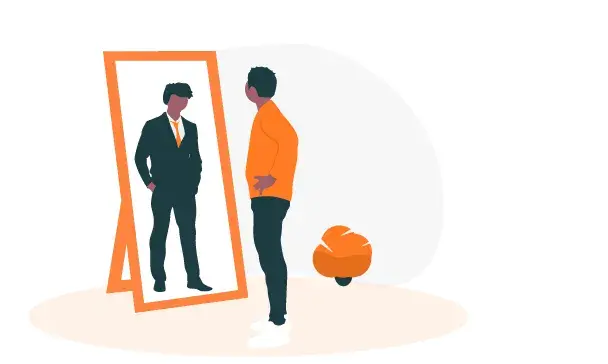 persona con vestimenta casual mirando su reflejo en un espejo grande, donde se ve reflejado llevando un traje formal y una corbata